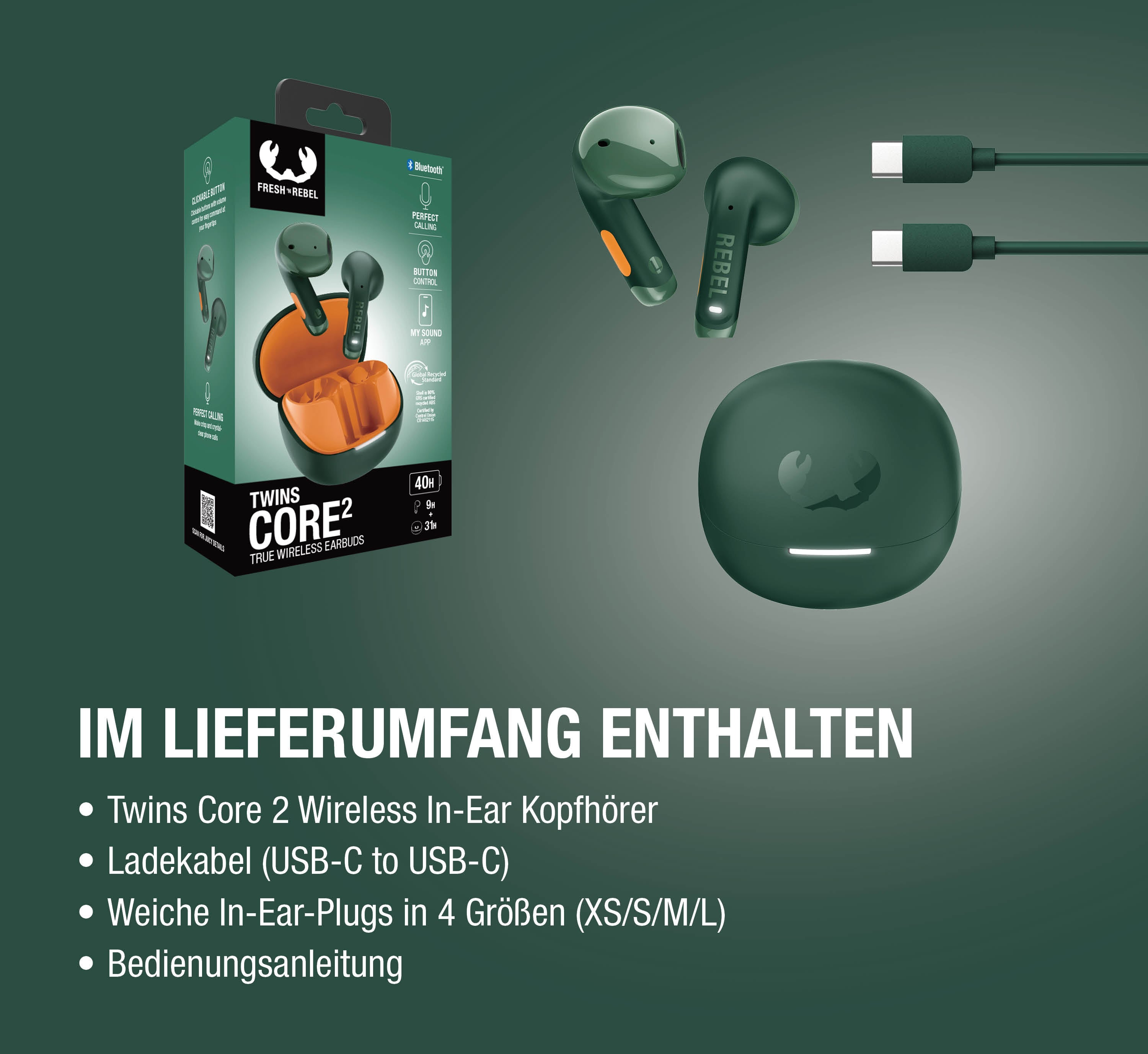 Grüne Fresh 'n Rebel True Wireless Earbuds mit Ladecase und Ladekabel.