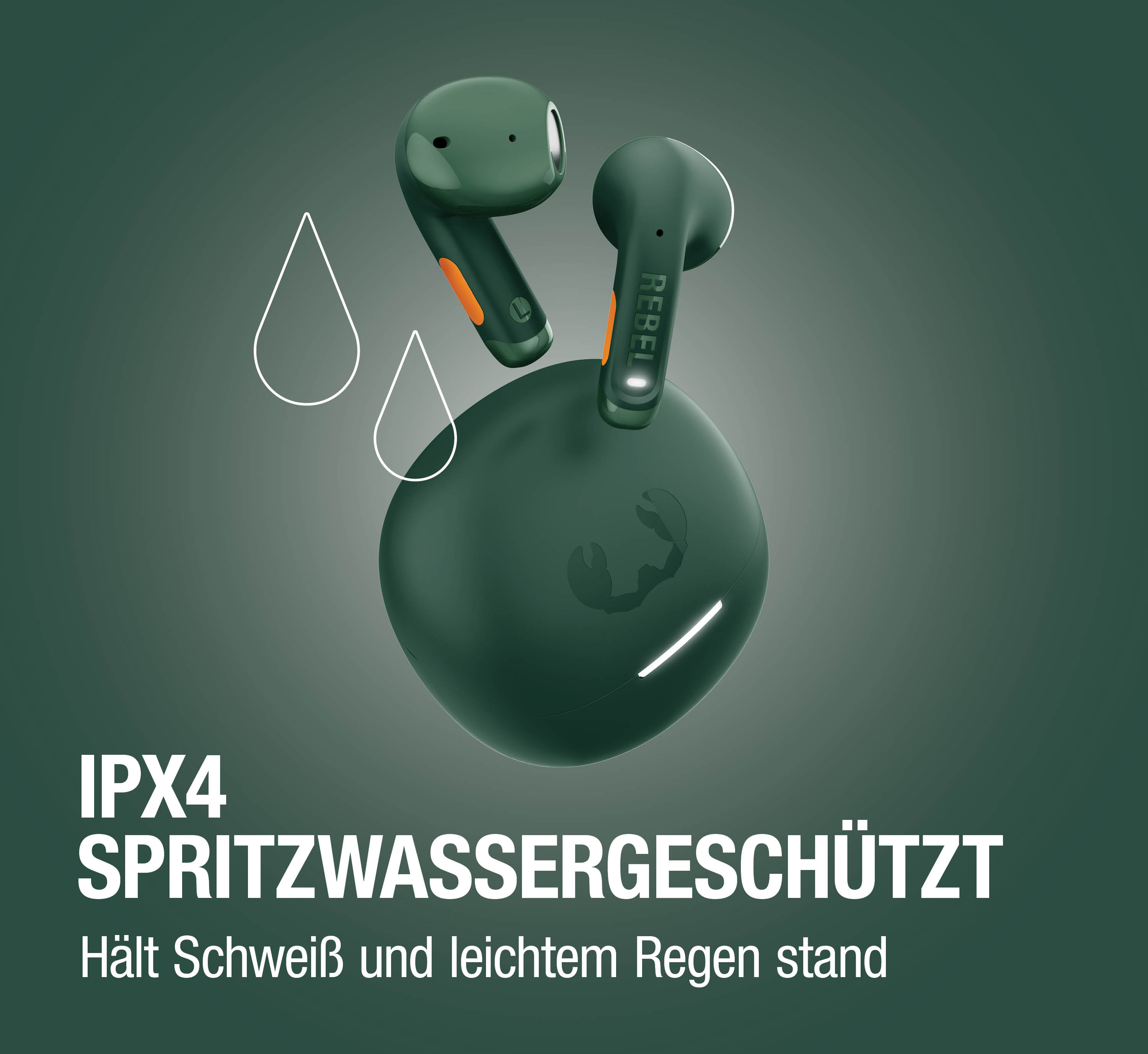 Grüne Kopfhörer mit Ladecase, IPX4 spritzwassergeschützt.