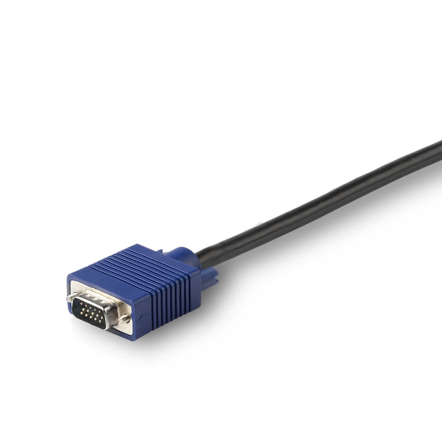 Un cavo VGA blu con un cavo nero su sfondo bianco.