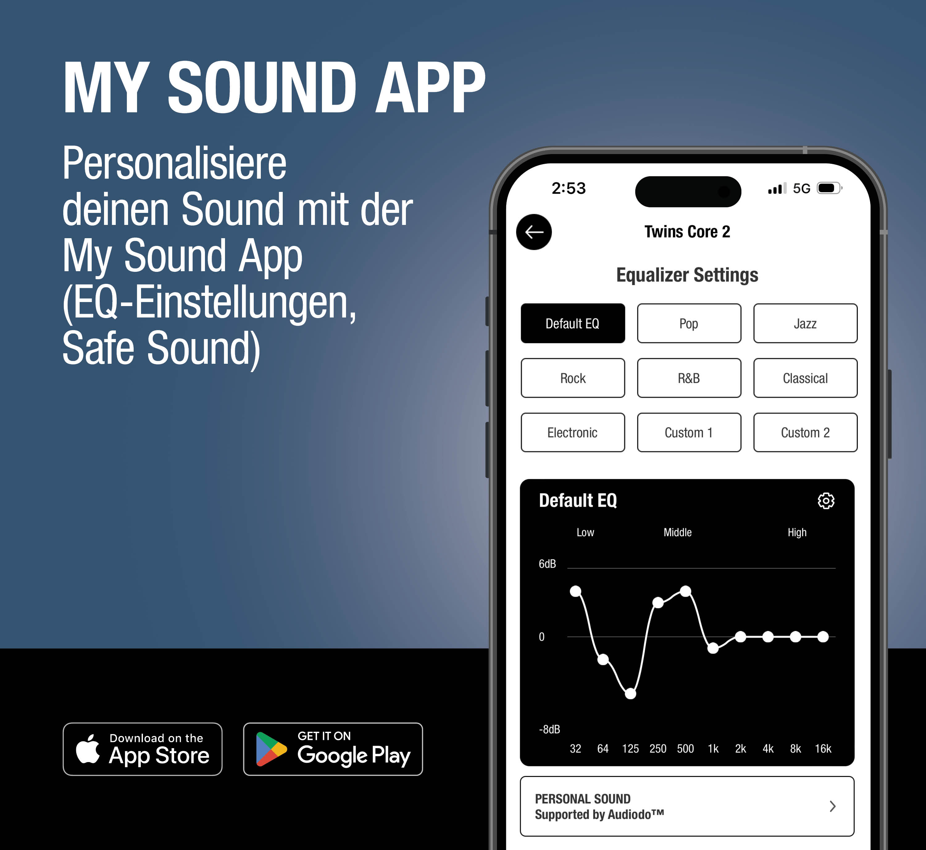 App-Oberfläche mit EQ-Einstellungen und Download-Buttons für App Store und Google Play.