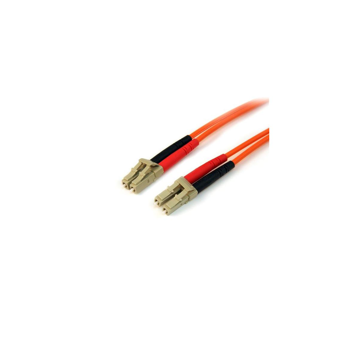 Due cavi in fibra ottica arancioni con connettori beige e segni rossi e neri.