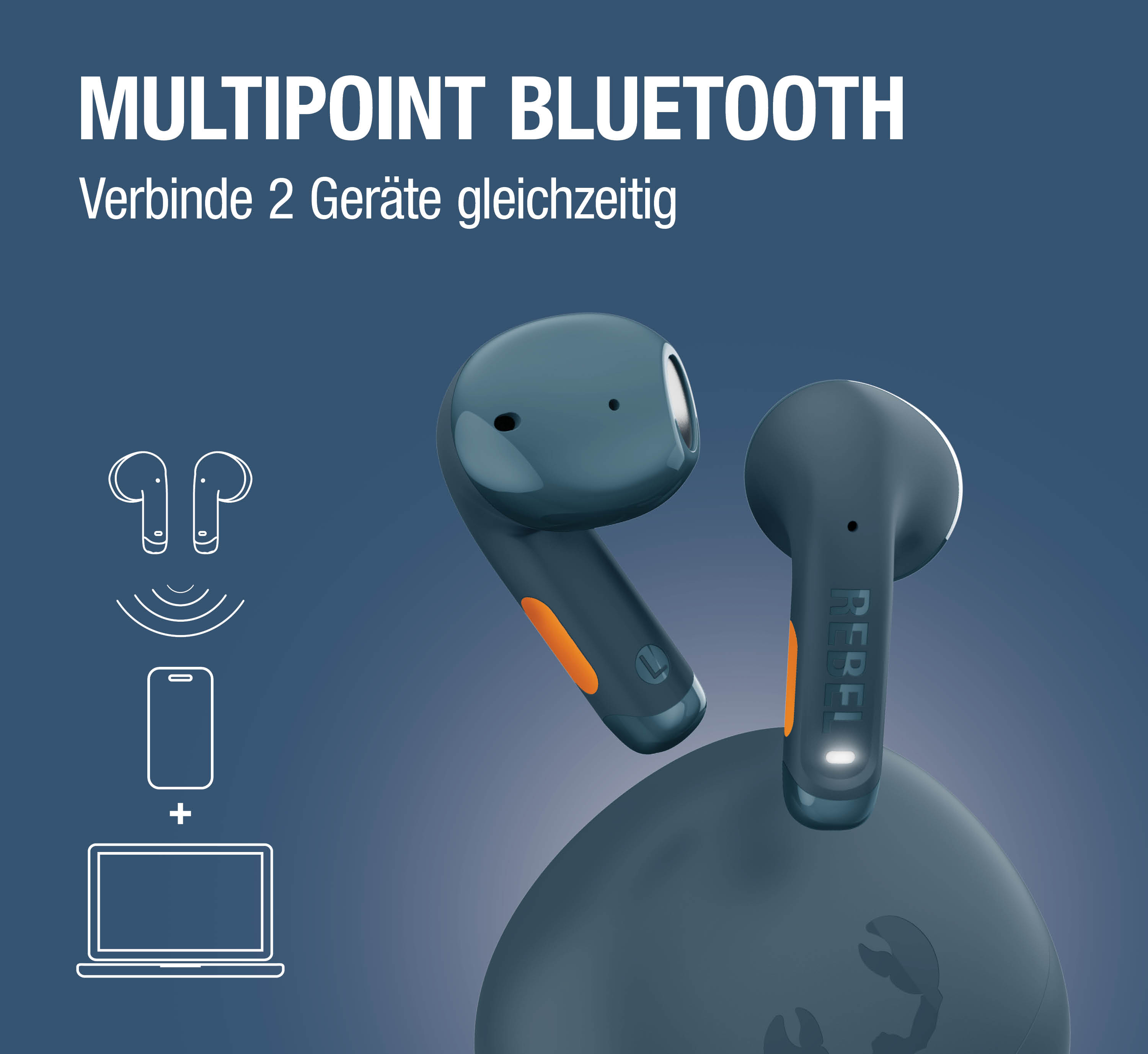 Drahtlose Ohrhörer verbinden zwei Geräte gleichzeitig. Blauer Hintergrund.