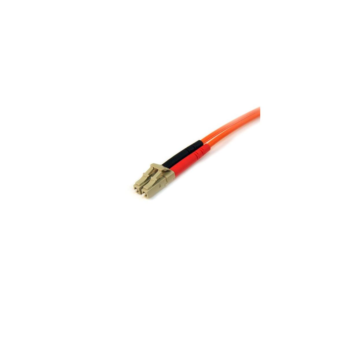 Cavo in fibra ottica arancione con due connettori, nero e rosso.