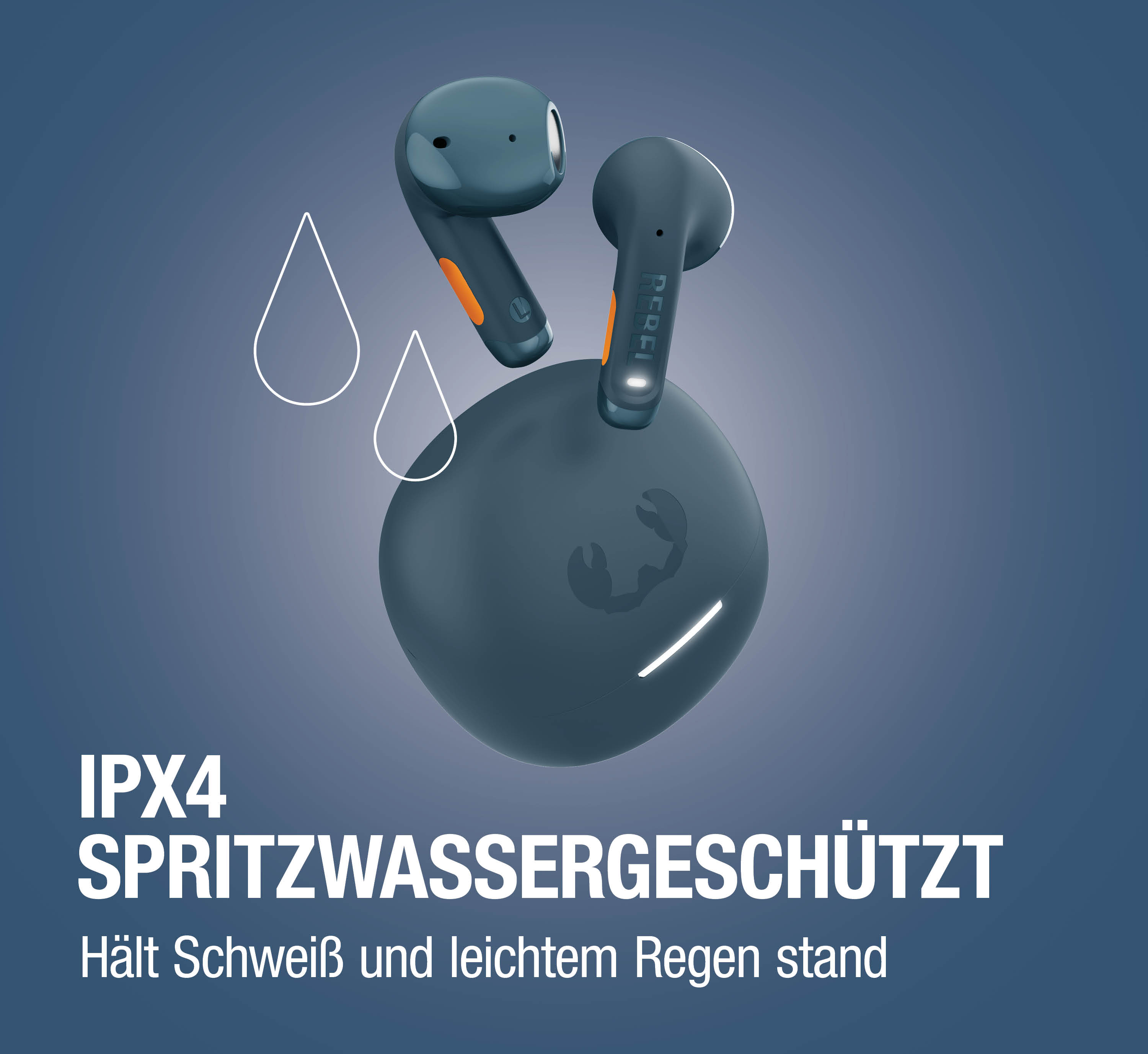 Kabellose Kopfhörer mit Ladecase, IPX4 spritzwassergeschützt. Blaue Kopfhörer.