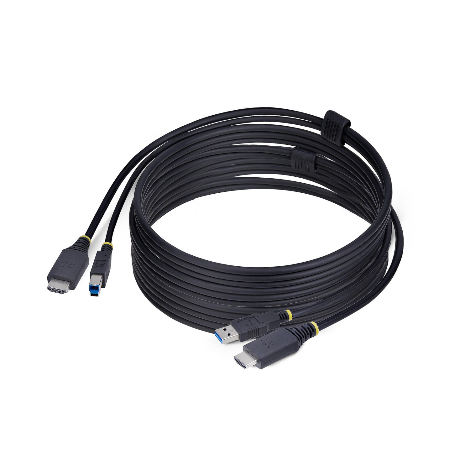 Cavo HDMI e USB nero, arrotolato con cinturino in velcro. Due connettori visibili.