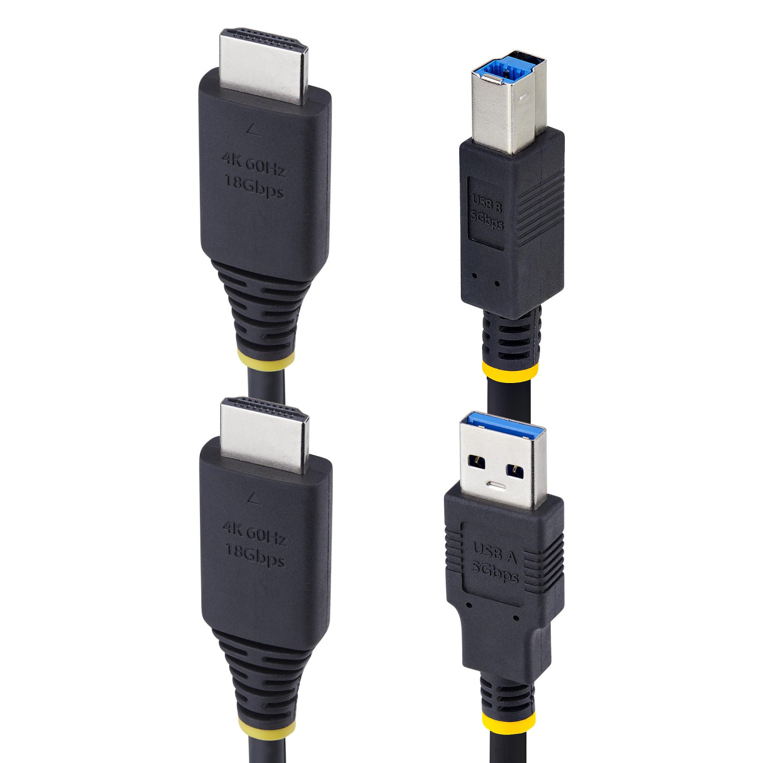 Due cavi neri con connettori HDMI e USB-A, etichettati 4K 60Hz 18Gbps e USB 3 5Gbps.