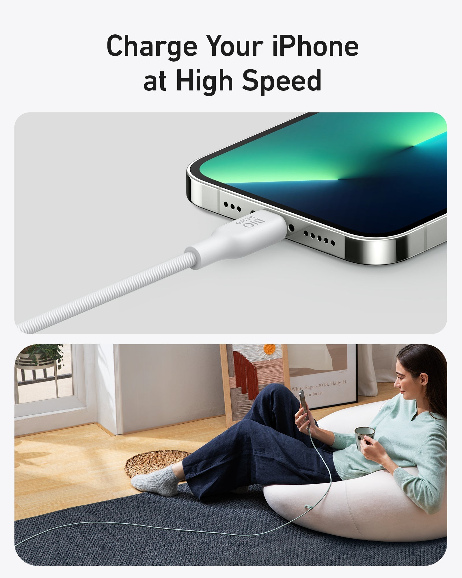 Un iPhone si carica velocemente, una donna seduta su un pouf.
