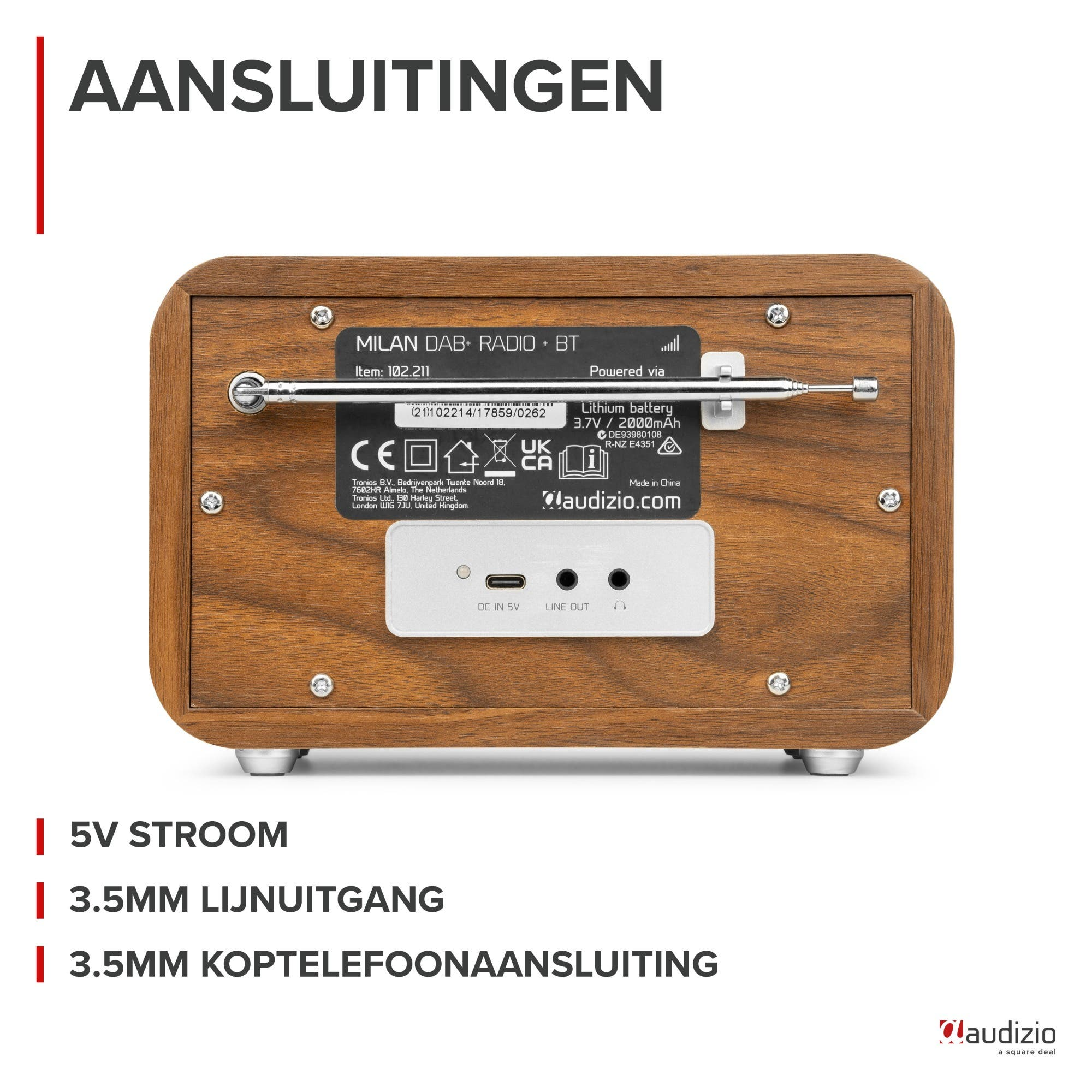 Radio de madera con conexiones: DC-in, Line-out, Auriculares.