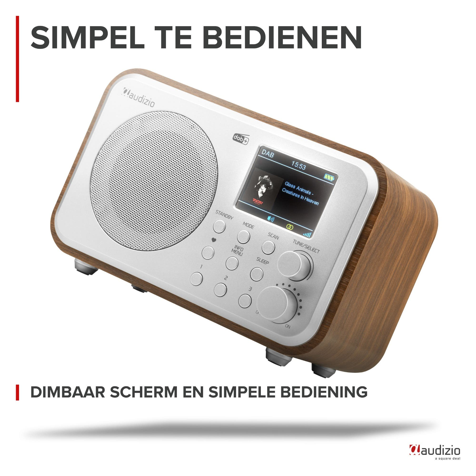 Una radio DAB Audizio blanca con detalles de madera e información musical en pantalla.