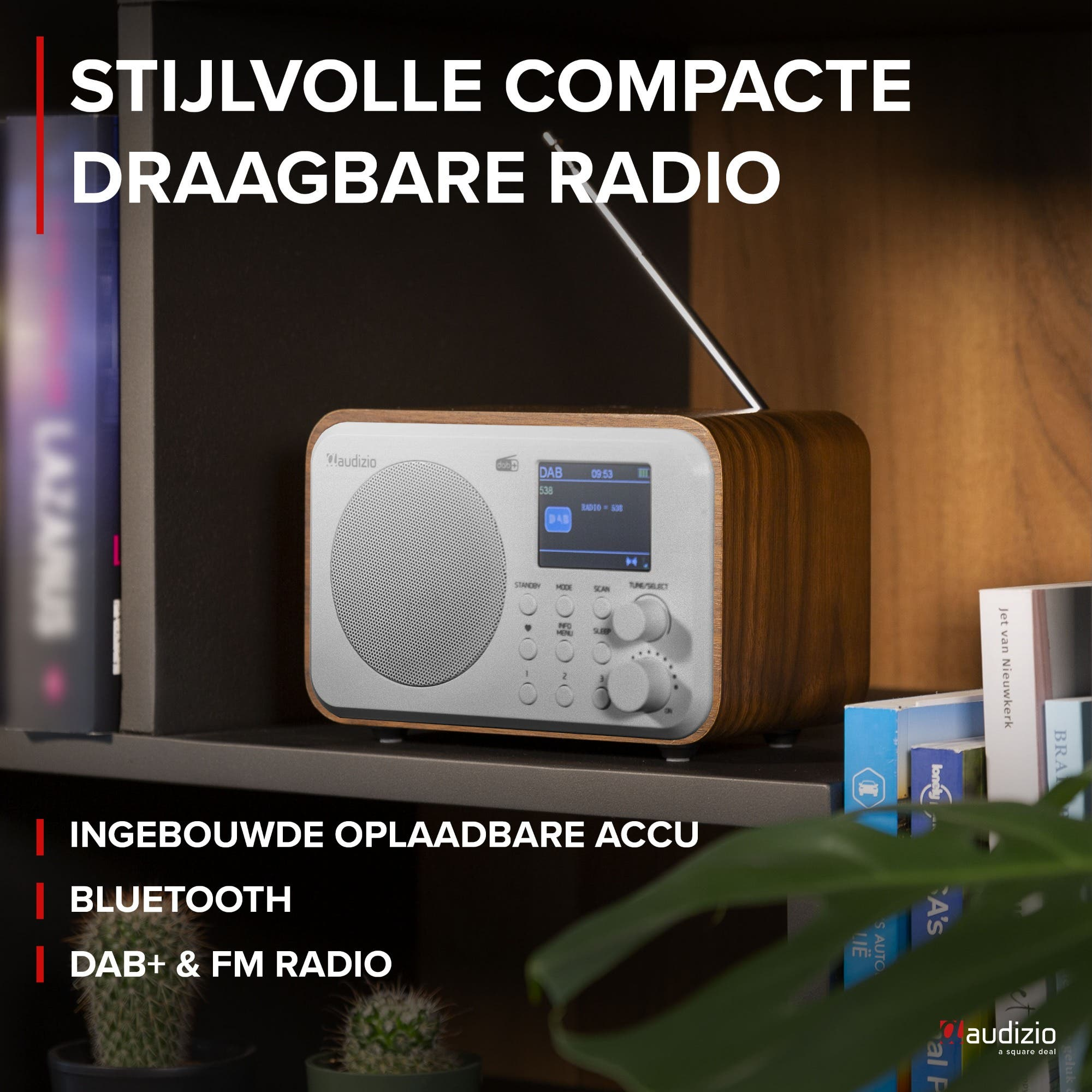 Radio de madera compacta y elegante con DAB+, Bluetooth y batería recargable.