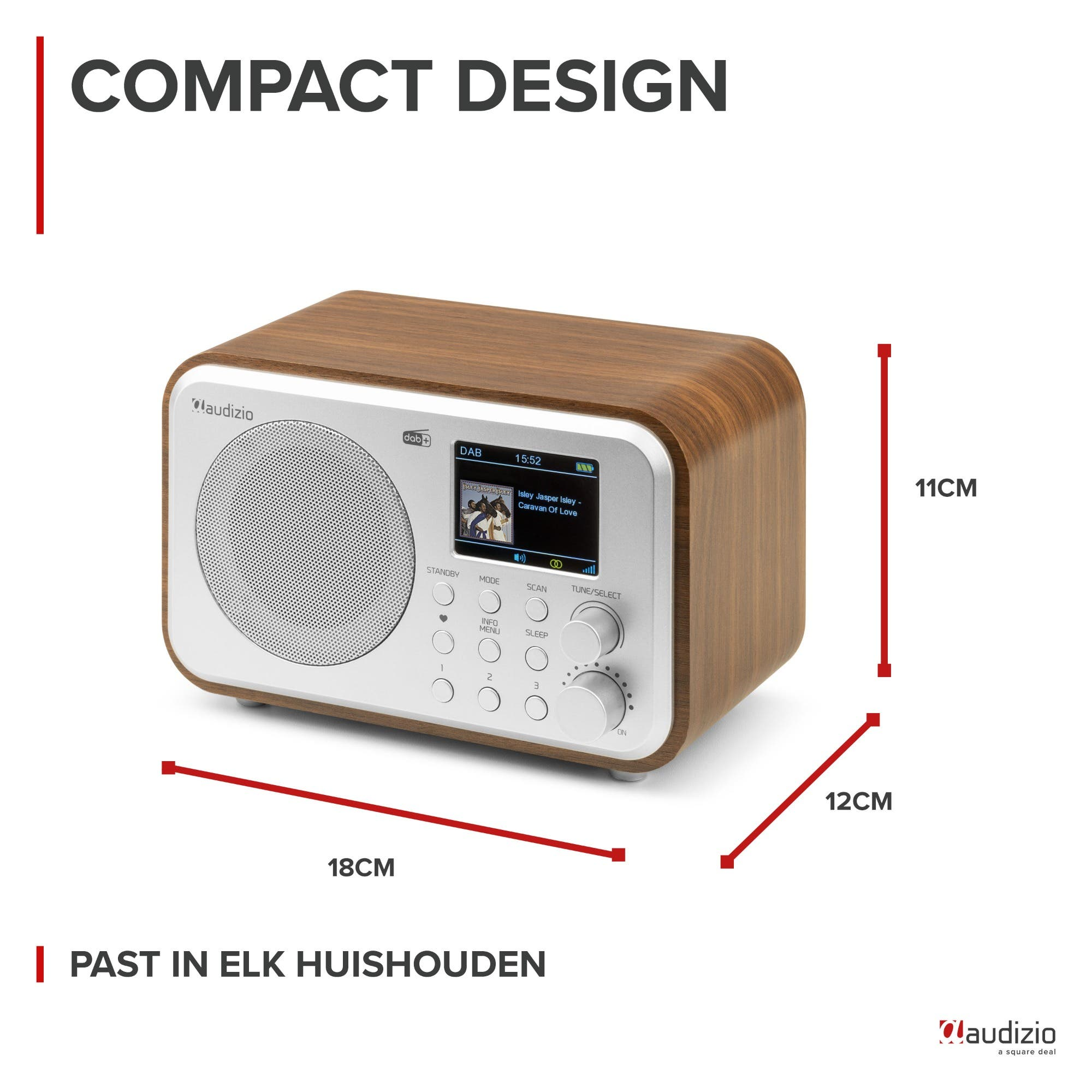 Una radio de madera con frontal plateado, altavoz y pantalla.