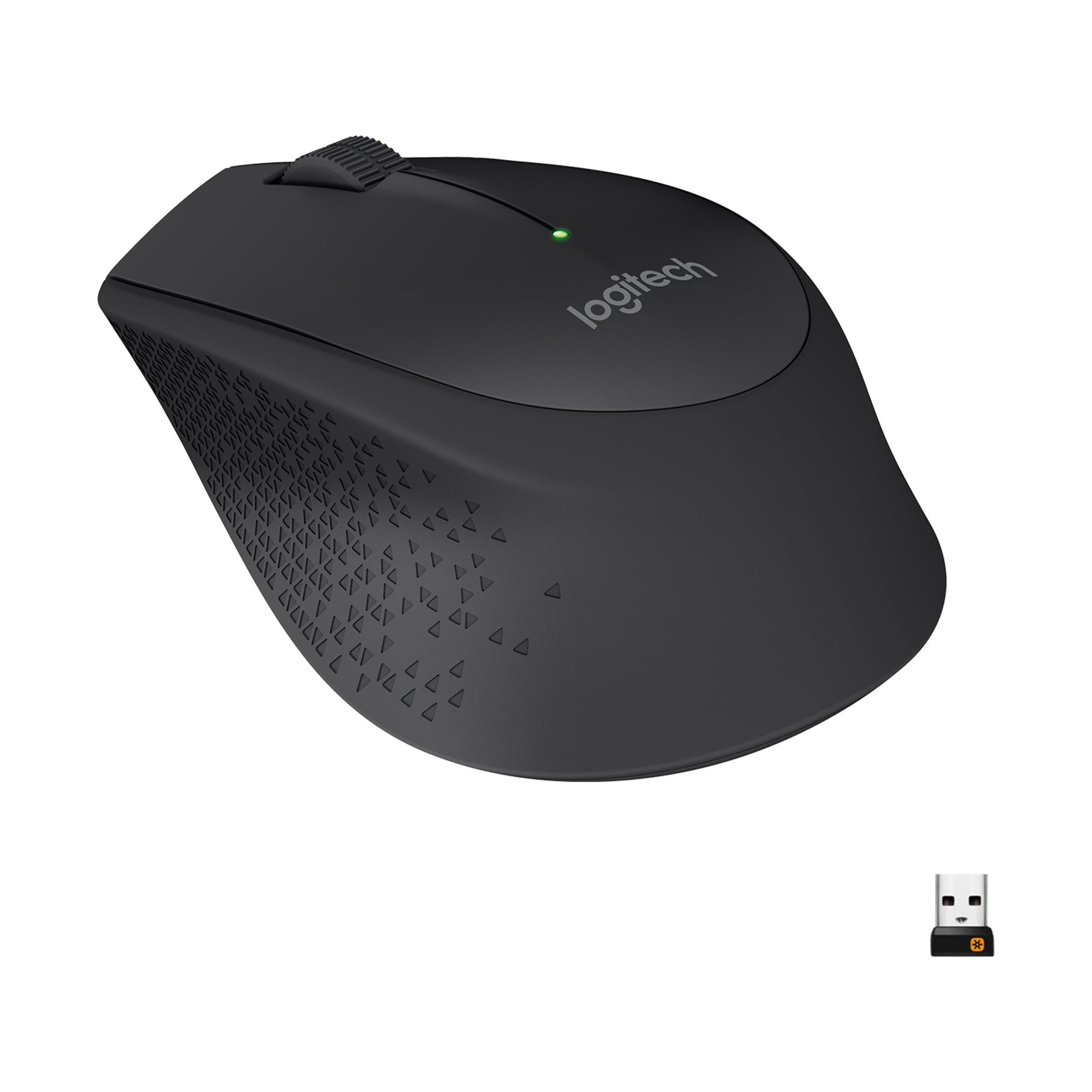 Czarna mysz Logitech z kółkiem przewijania i kluczem USB.