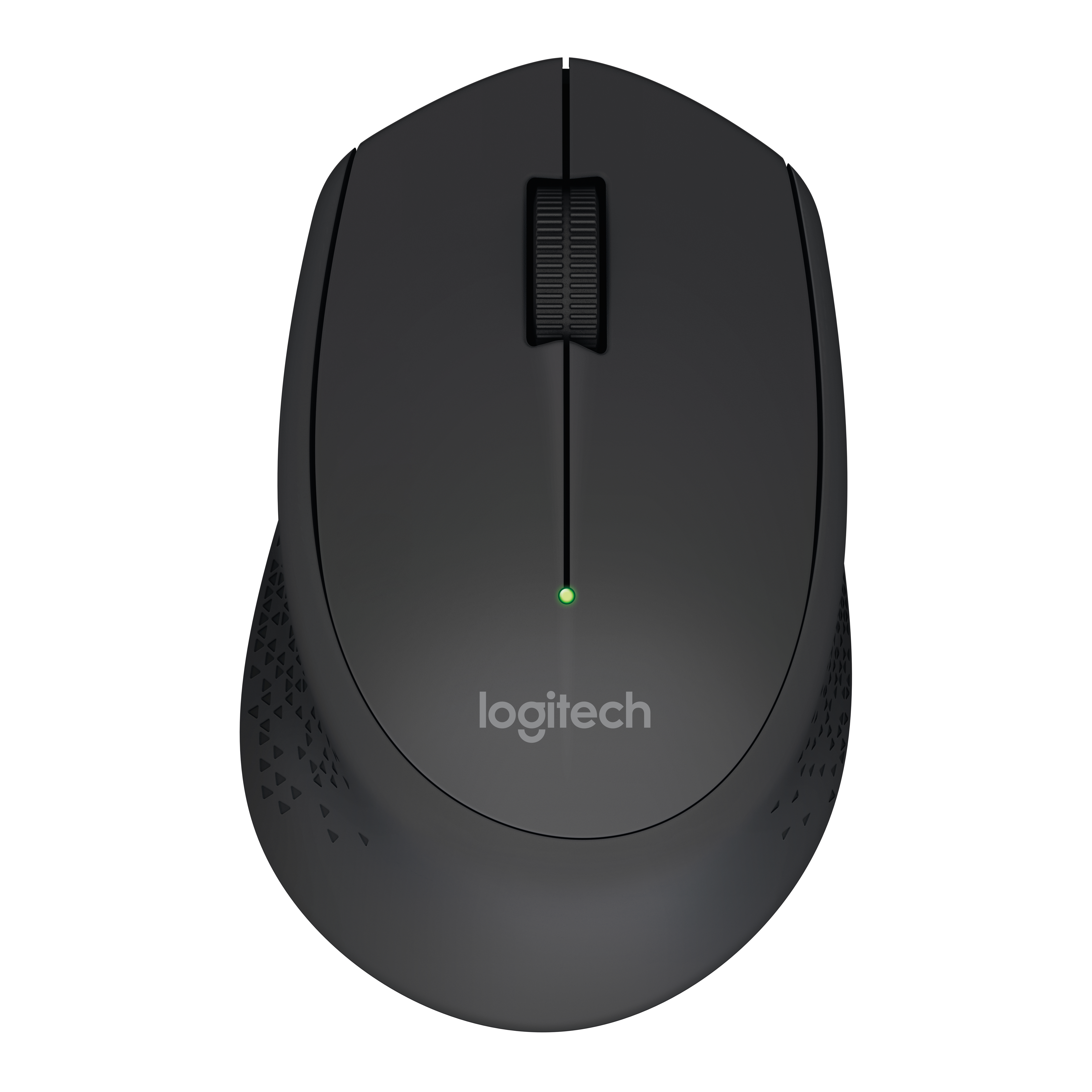 Czarna mysz Logitech z zielonym światłem i kółkiem przewijania.