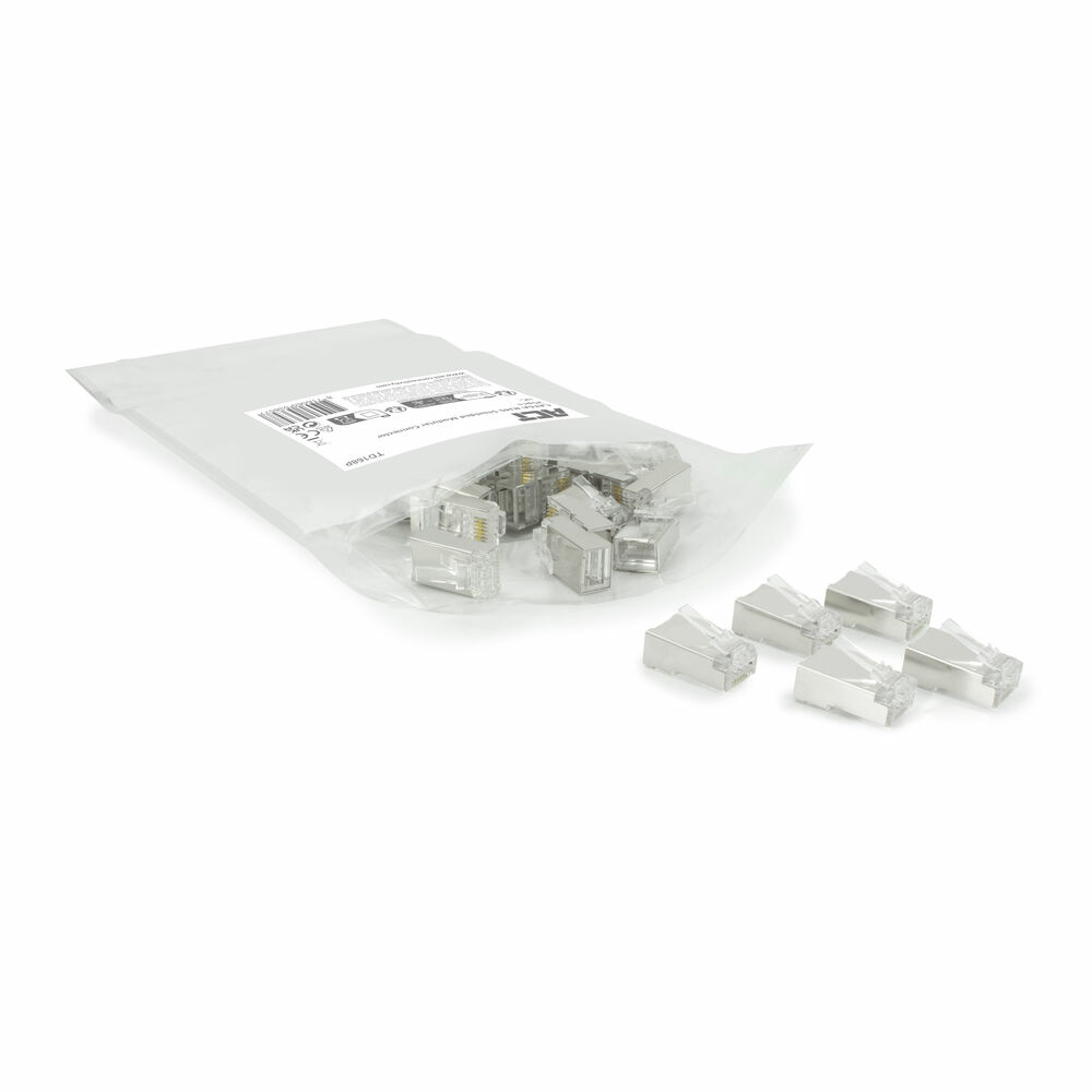 Tüte mit durchsichtigen RJ45-Steckern, einige liegen verstreut auf weißer Fläche.