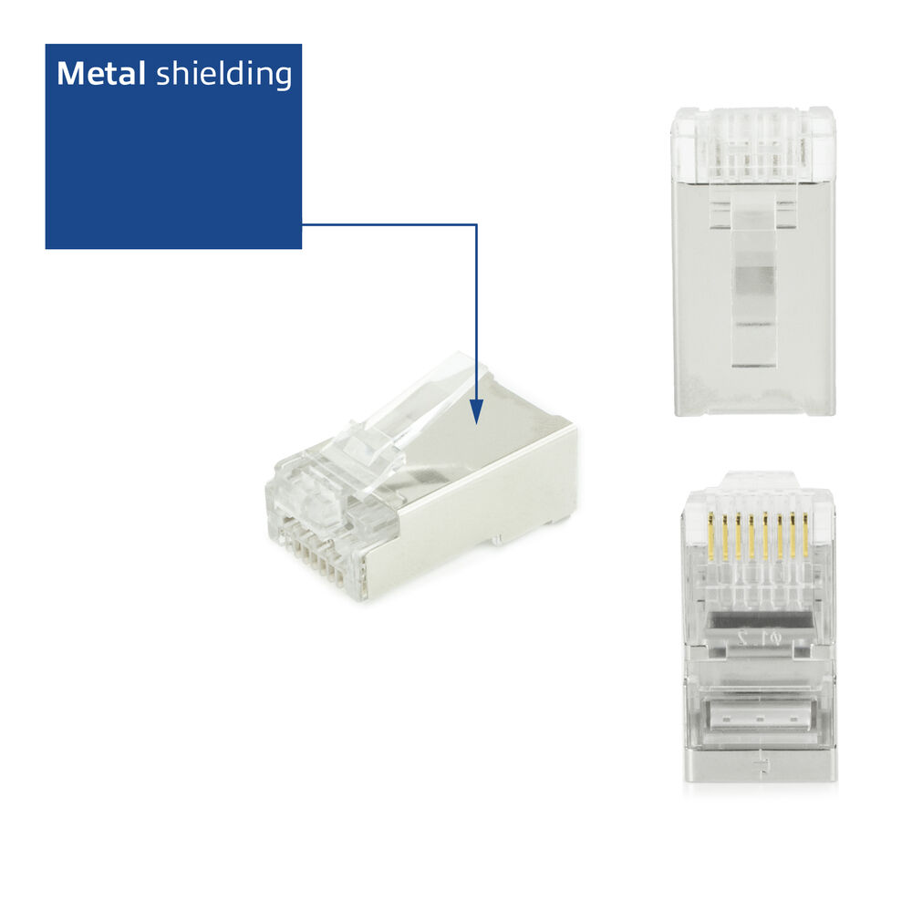 RJ45-Stecker mit Metallabschirmung, klarem Kunststoffgehäuse, Goldkontakten.