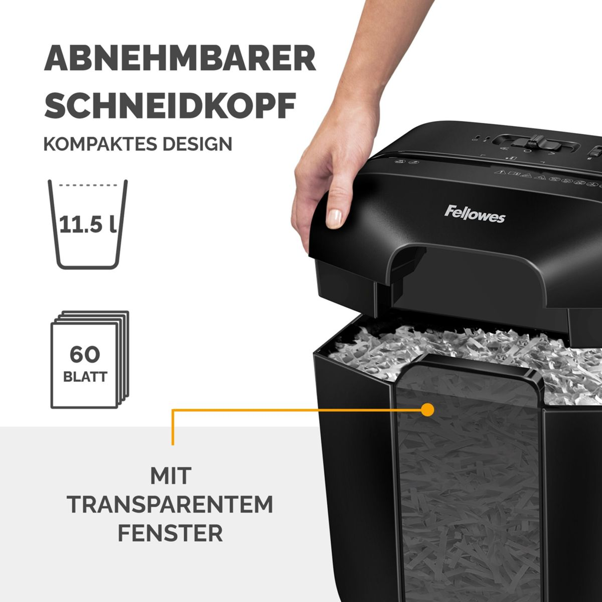 Trituradora Fellowes negra con cabezal de corte extraíble y ventana transparente.
