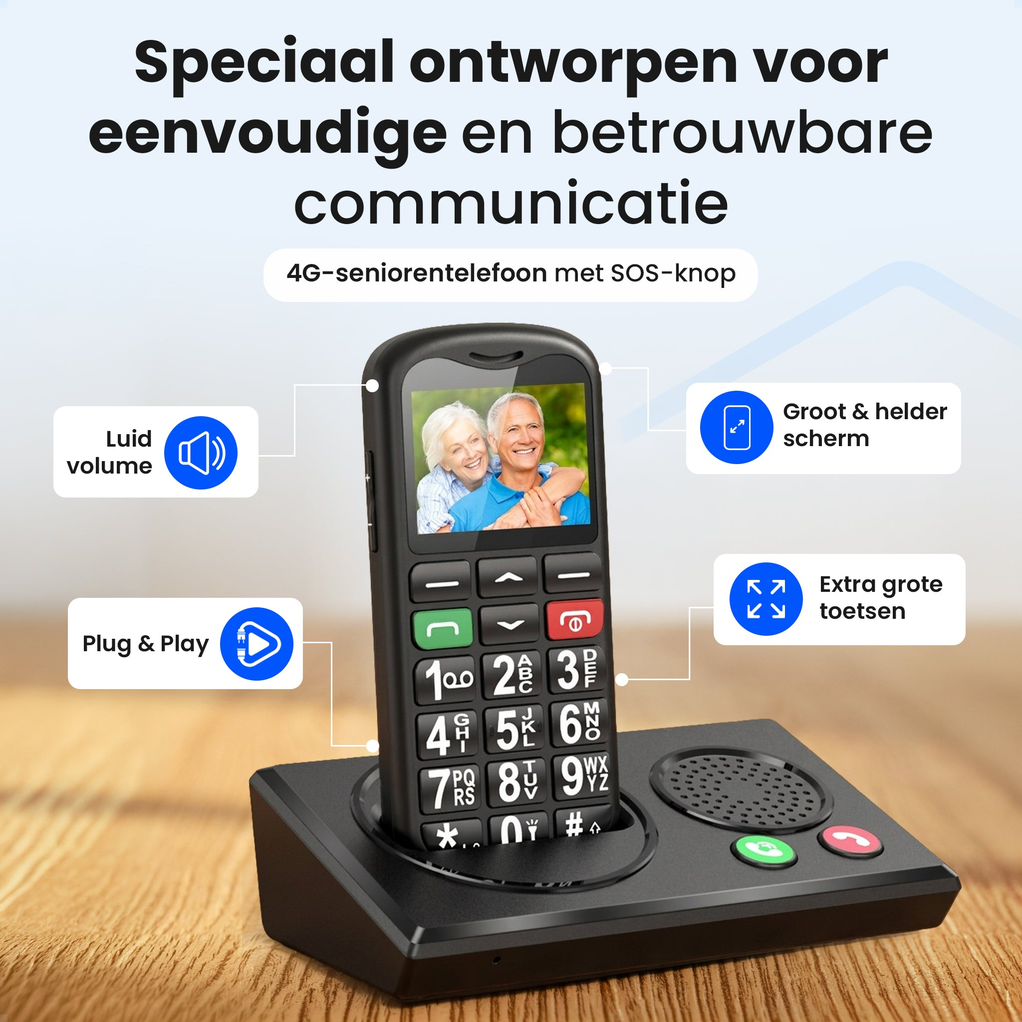 Téléphone senior avec grand écran, volume fort et gros boutons. Inclut SOS.