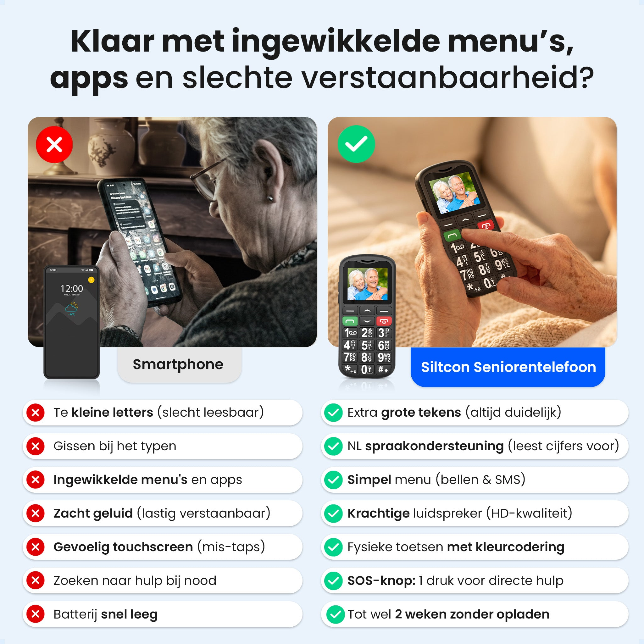 Comparison of smartphone and senior phone with pros and cons.