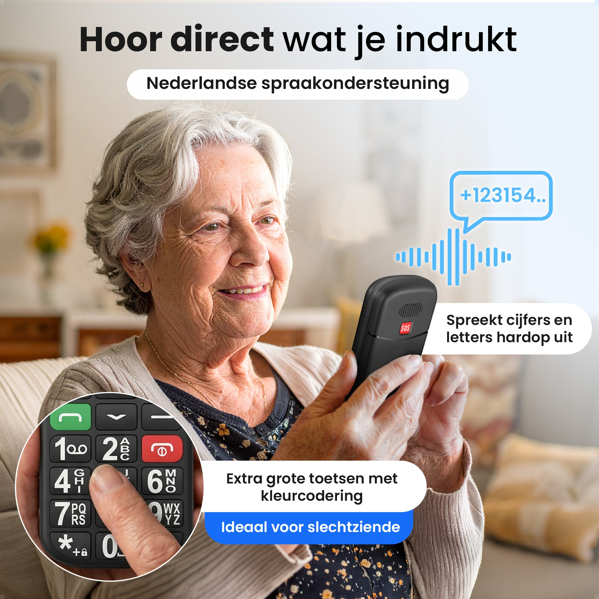 Elderly woman with an easy-to-use phone featuring large buttons and voice output.