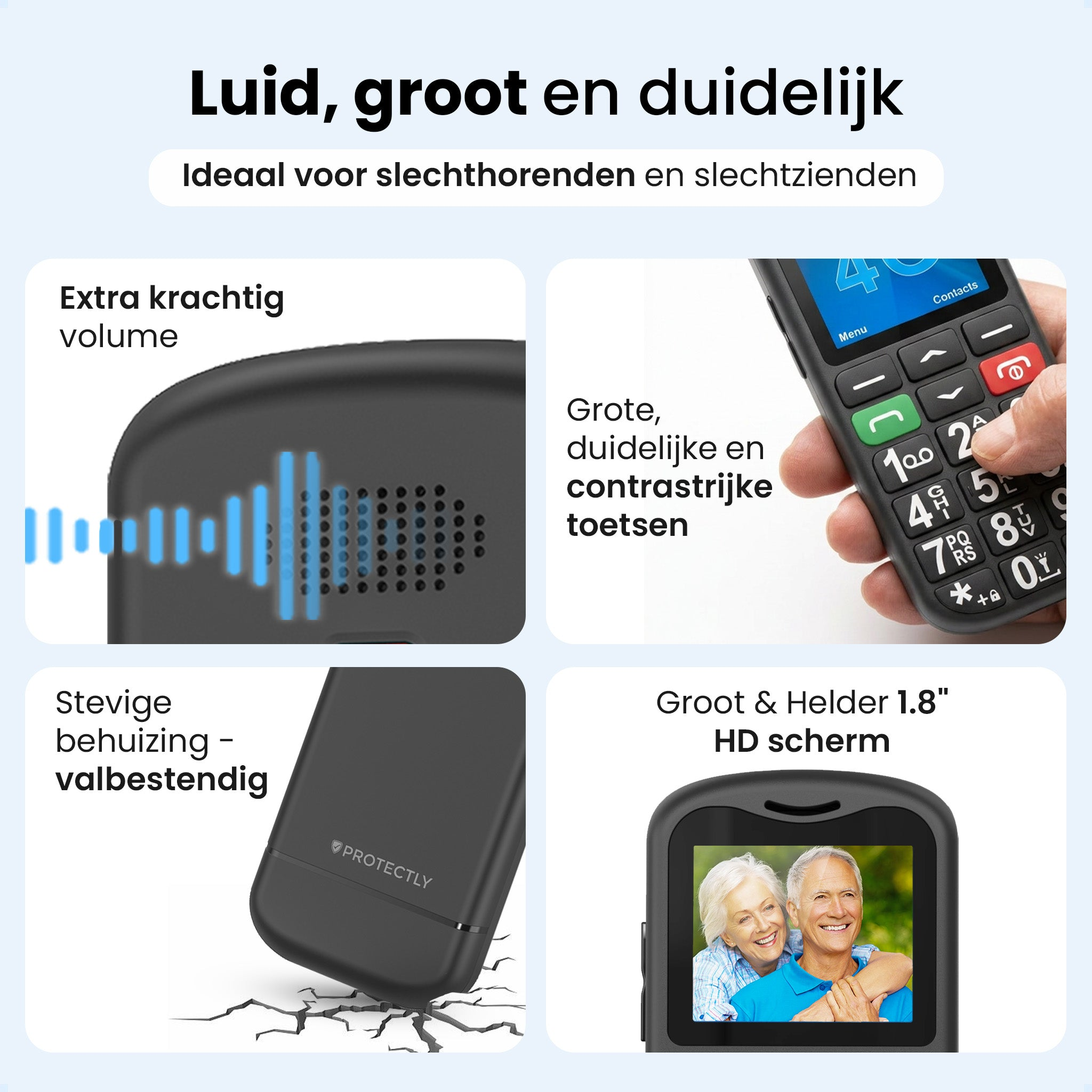 Four-panel display: volume, buttons, casing, screen with elderly couple.