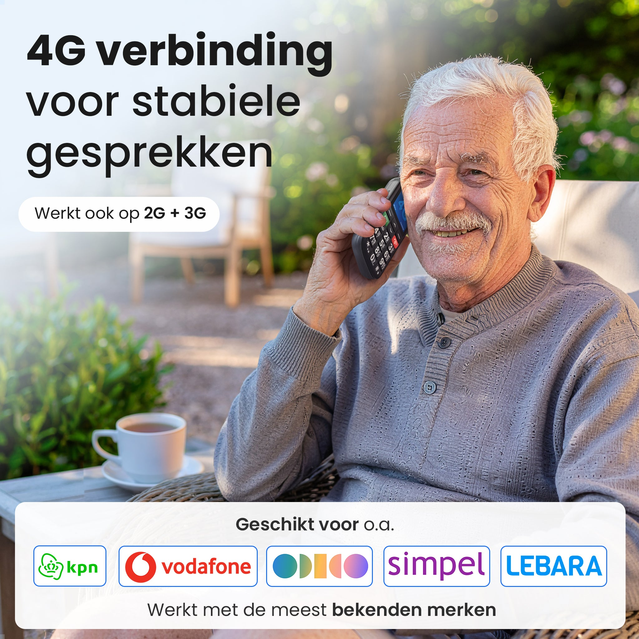Elderly man talking on phone outdoors, with mobile provider logos.