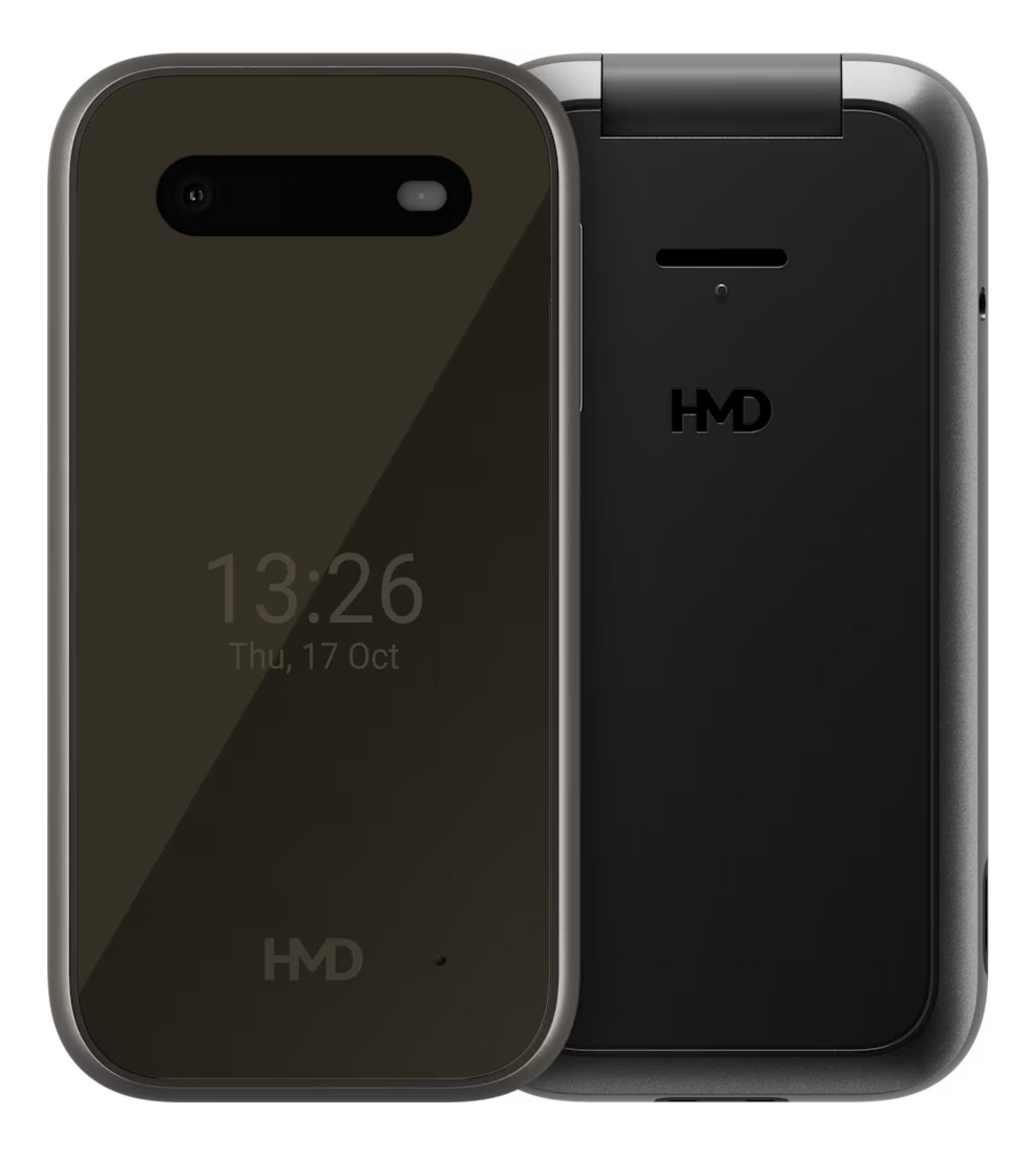 Due telefoni a conchiglia HMD uno accanto all'altro. Uno mostra le 13:26 e la data.
