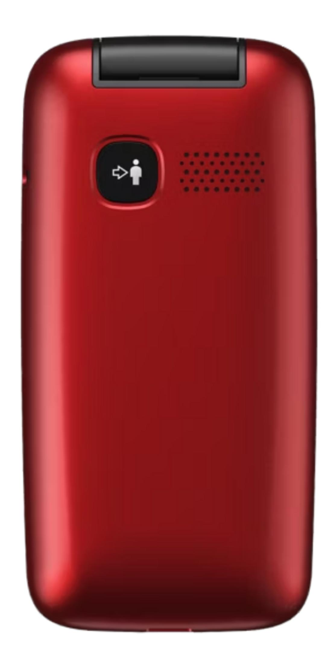 Telefono a conchiglia rosso con pulsante icona persona e griglia altoparlante.