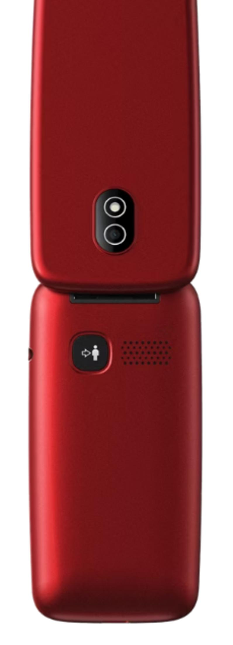 Telefono flip rosso con obiettivo a doppia fotocamera e griglia dell'altoparlante.