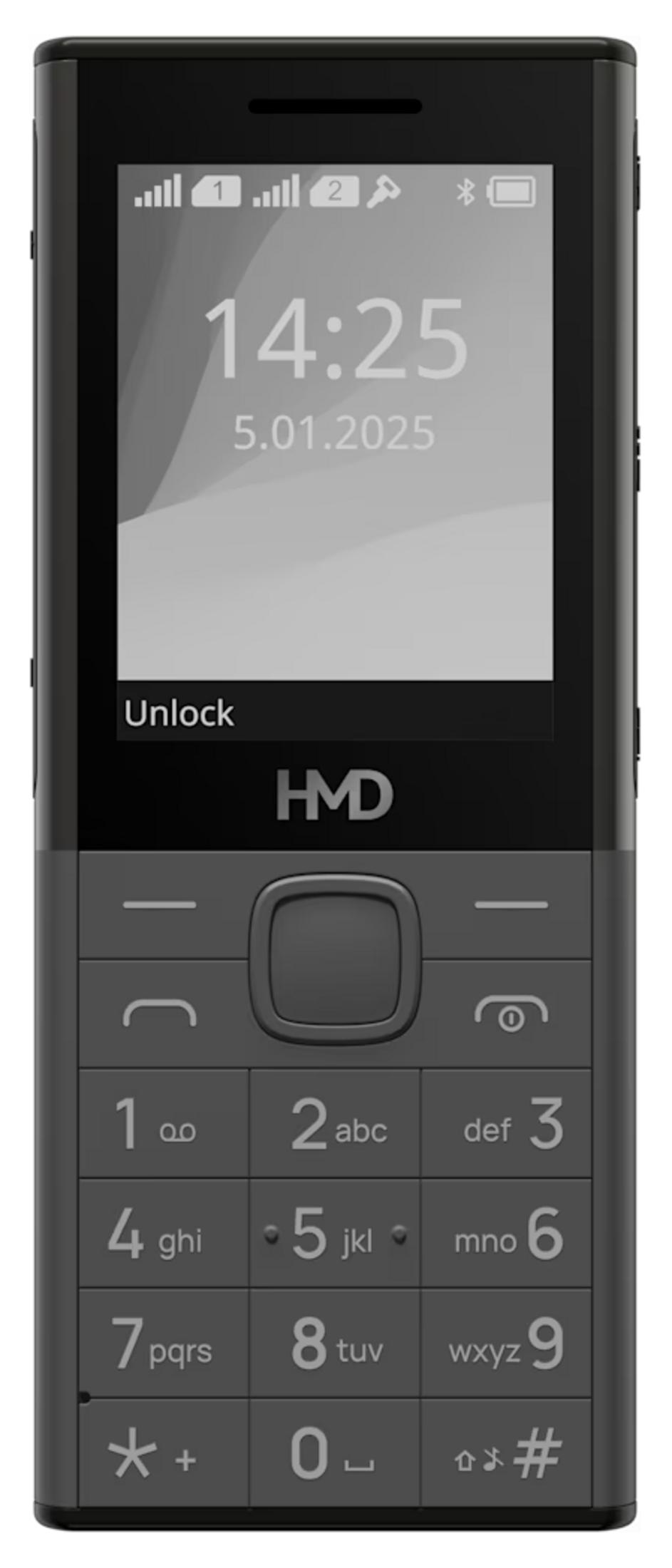 Telefono HMD nero che mostra 14:25, 05.01.2025 e Sblocca.