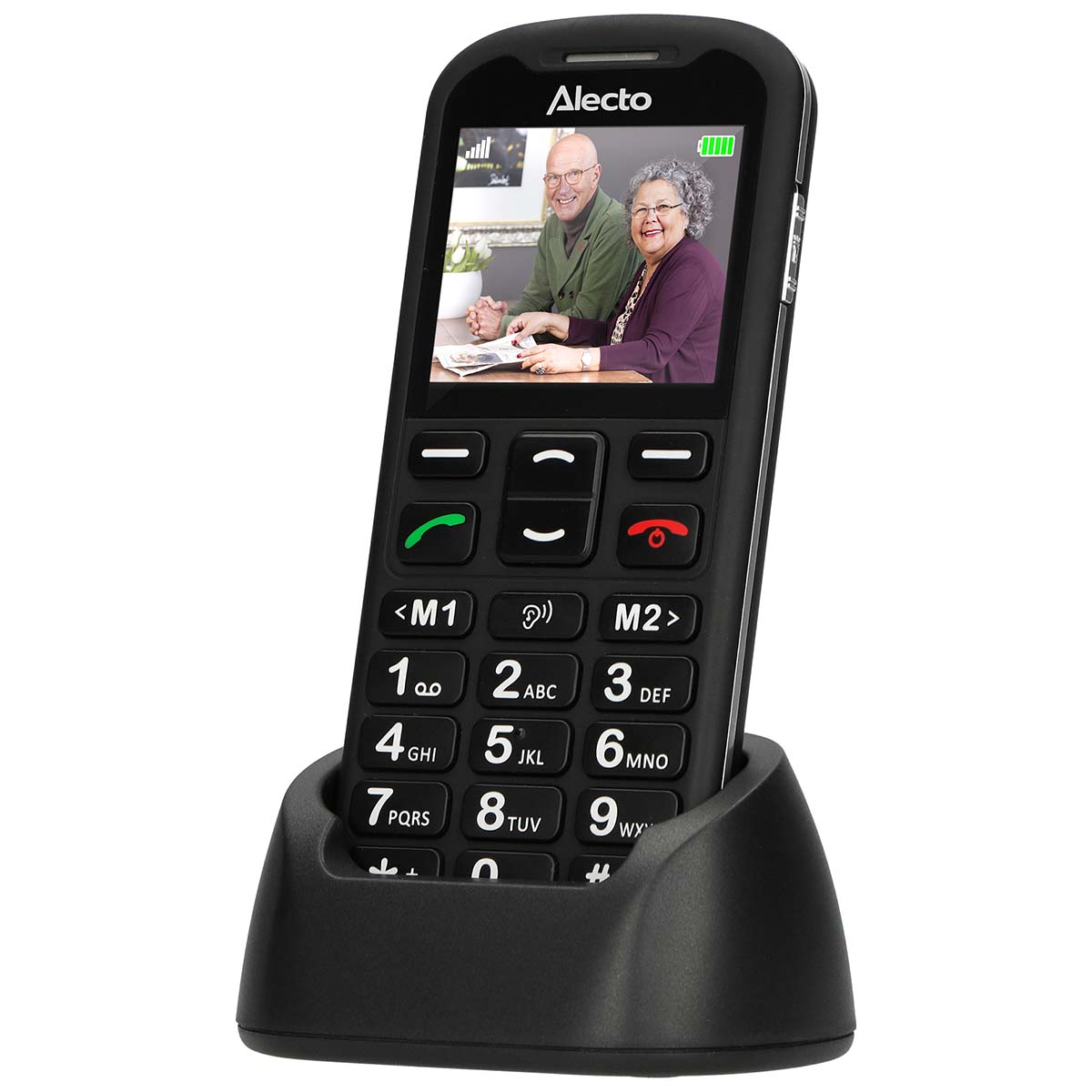 Ein schwarzes Alecto-Seniorentelefon mit Telefonbild auf dem Bildschirm und Ladebasis.