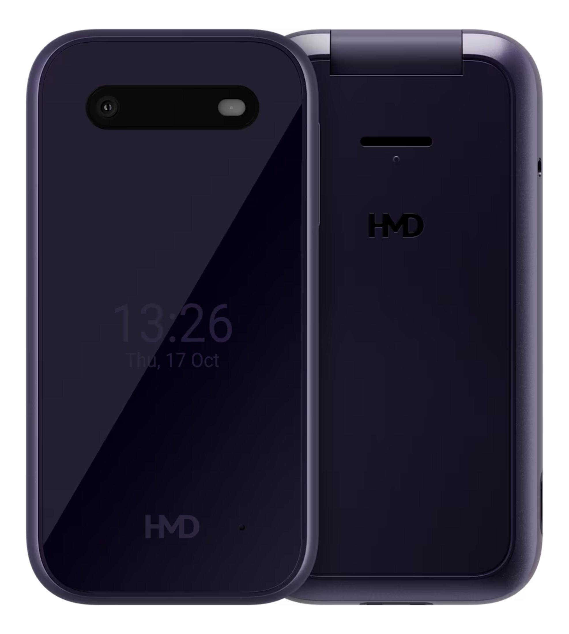 Telefono a conchiglia viola scuro, aperto e chiuso, con modulo fotocamera e display.