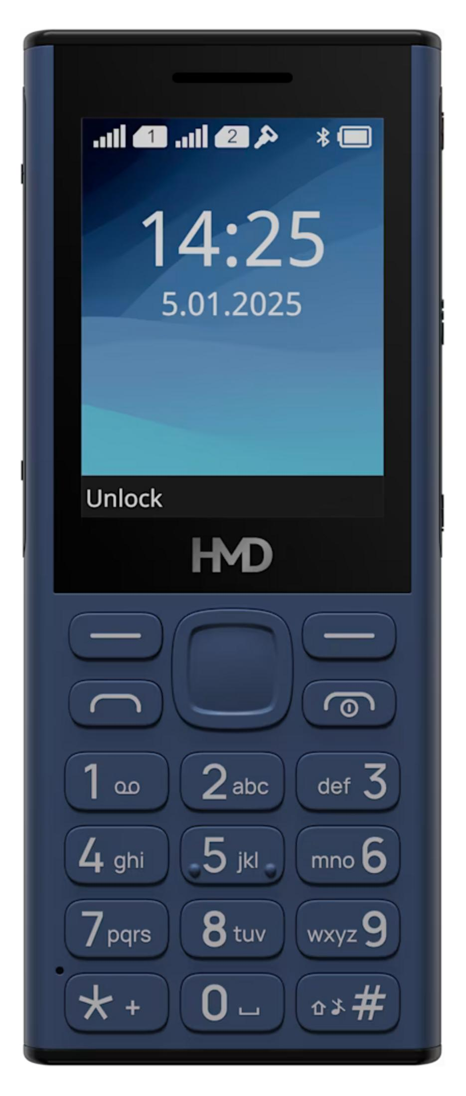 Ein blaues HMD-Handy mit Zifferntastatur und einem Display, das 14:25 Uhr anzeigt.