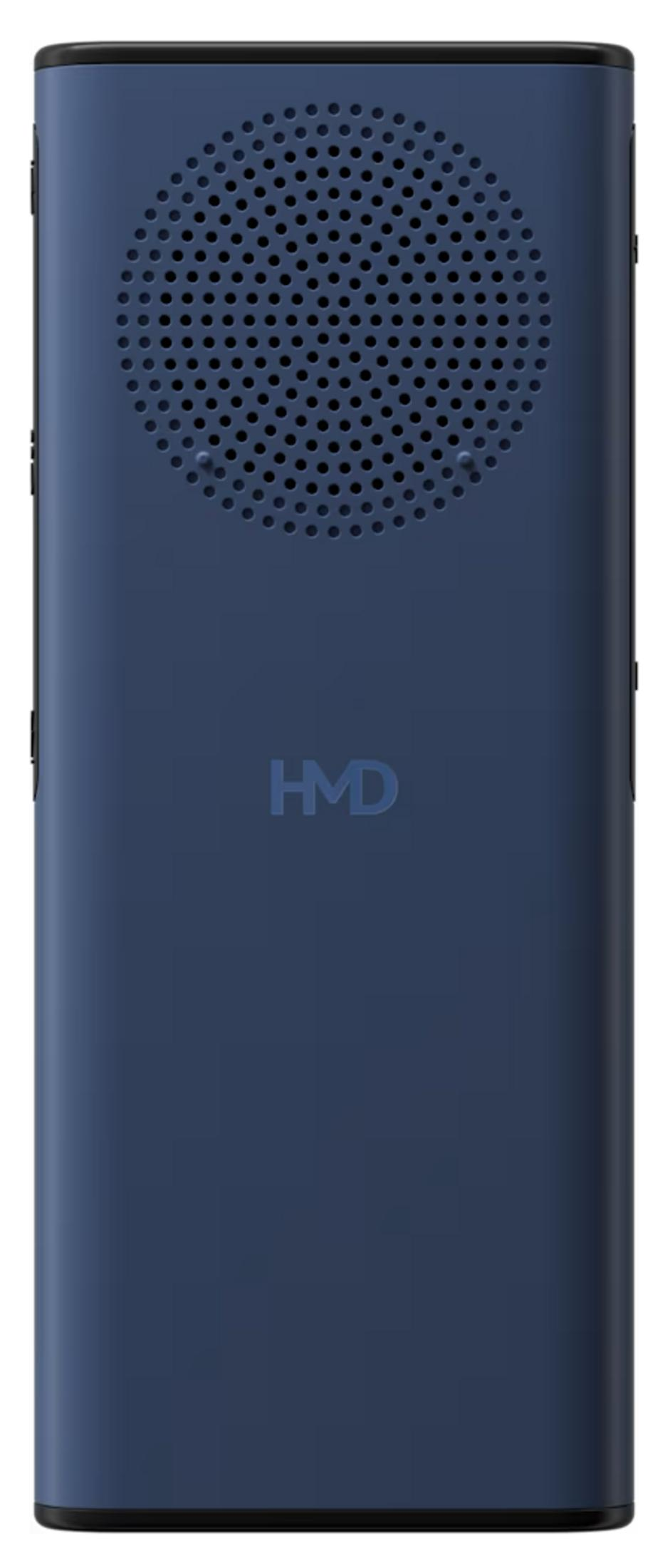 Eine dunkelblaue, rechteckige HMD-Box mit einem Lautsprechermuster oben.