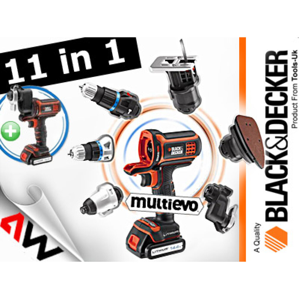 L'immagine mostra vari attrezzi: trapani, levigatrice e seghetto alternativo di Black+Decker.