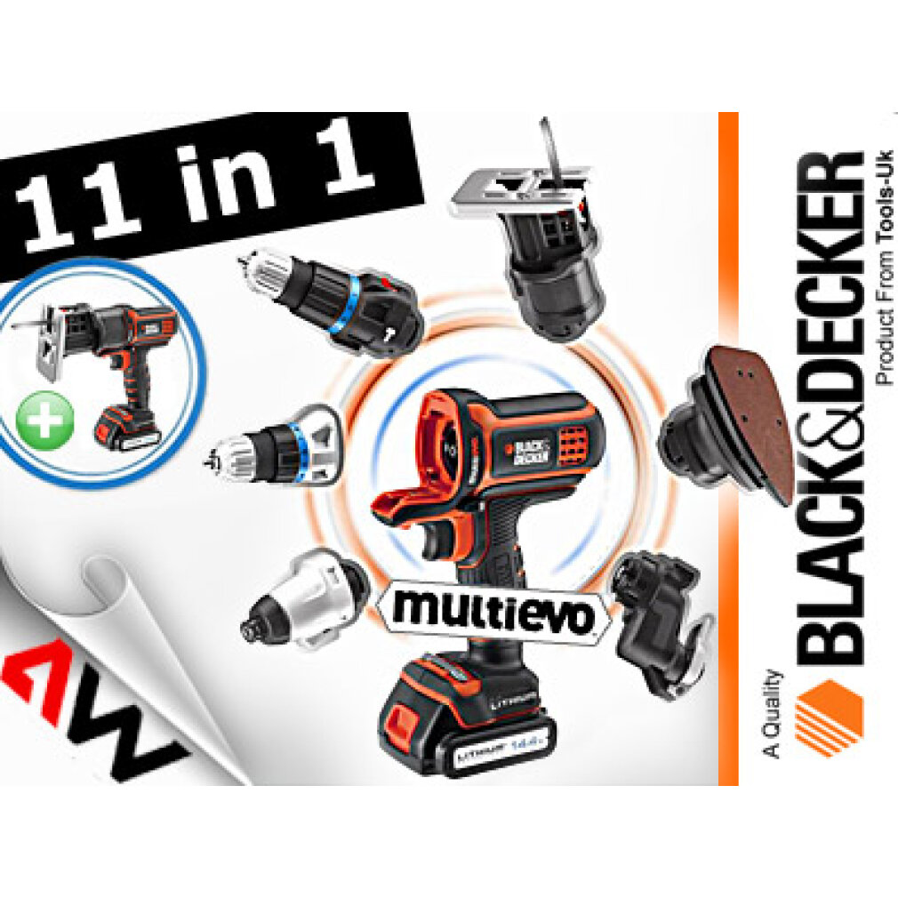Set multiutensile Black & Decker con 11 accessori e custodia. Gli utensili sono arancioni, neri e argentati.