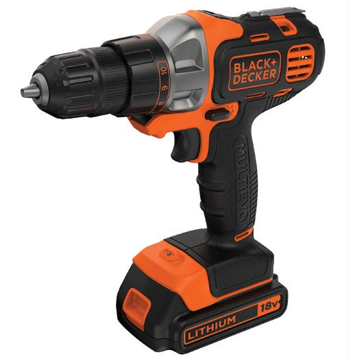 Trapano avvitatore a batteria nero e arancione con mandrino in metallo e batteria 18V.