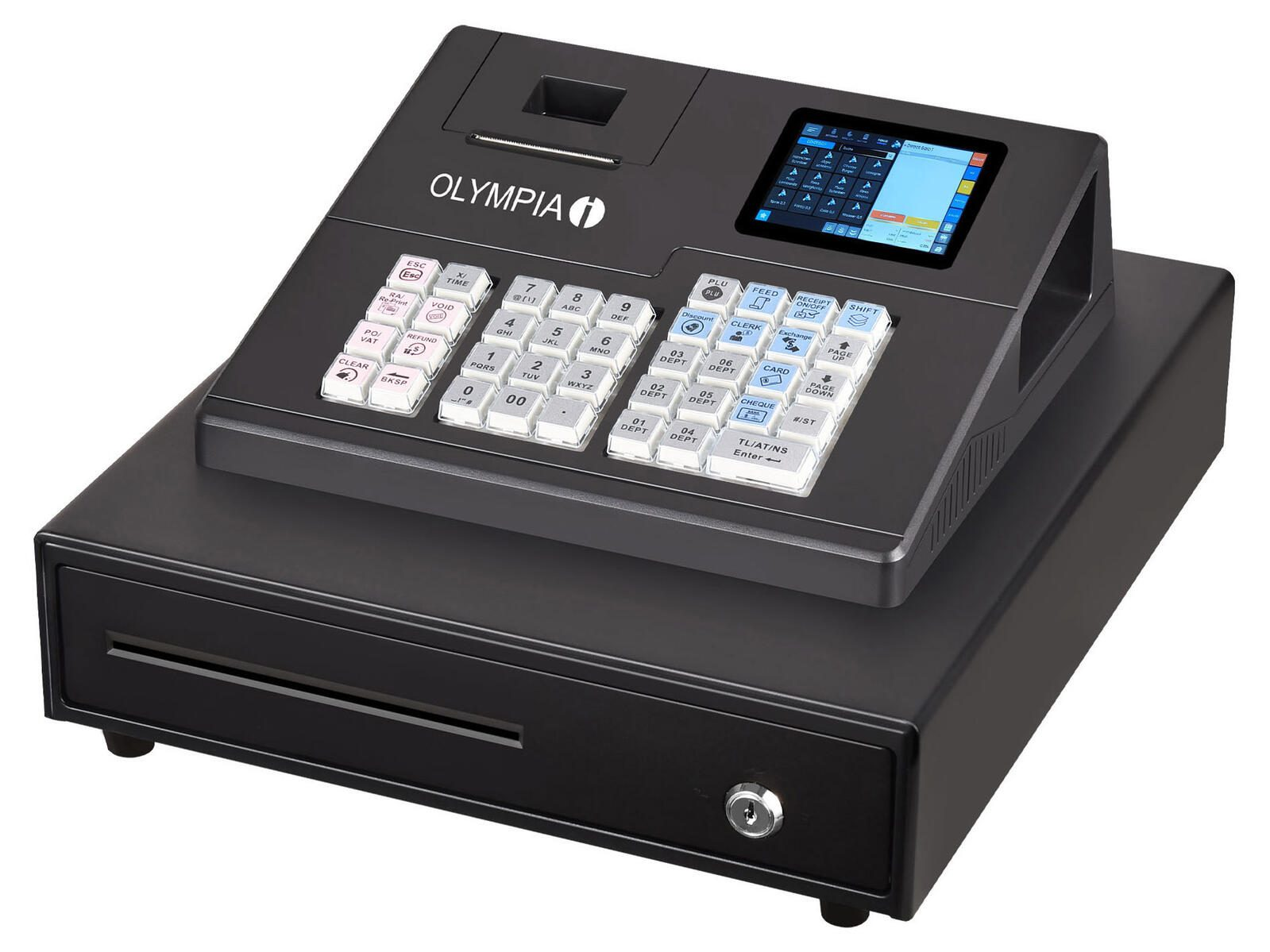 Schwarze Olympia Registrierkasse mit Tastatur, Bildschirm und Schublade.