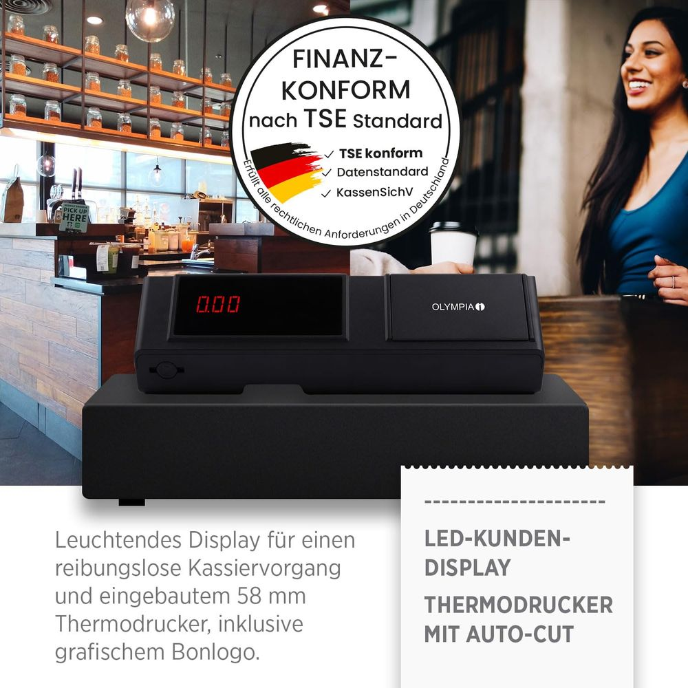 Schwarzes Kassen-Display mit roten Zahlen, daneben ein Thermodrucker.