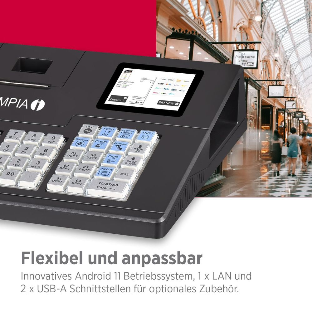 Ein schwarzer Kassenbeleg mit Bildschirm und Tastatur, im Hintergrund ein Einkaufszentrum.