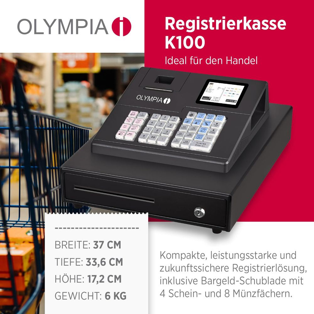 Olympia Registrierkasse K100 mit Tastatur, Display und Schublade.
