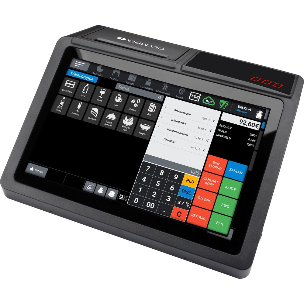 Ein Kassensystem mit Touchscreen zeigt eine Produktliste und eine Tastatur an.