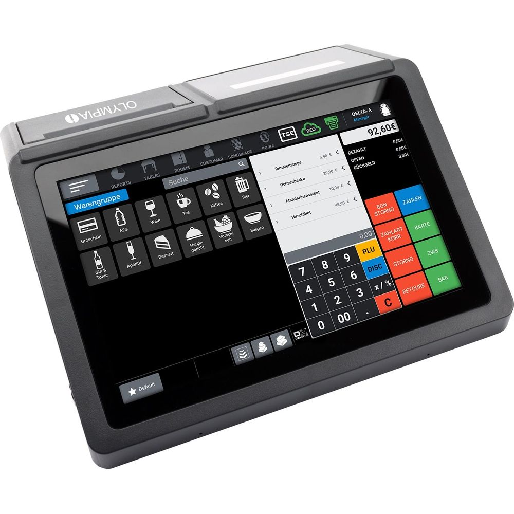 Ein Olympia Kassenterminal mit Touchscreen-Display, Tastatur und Menüoptionen.