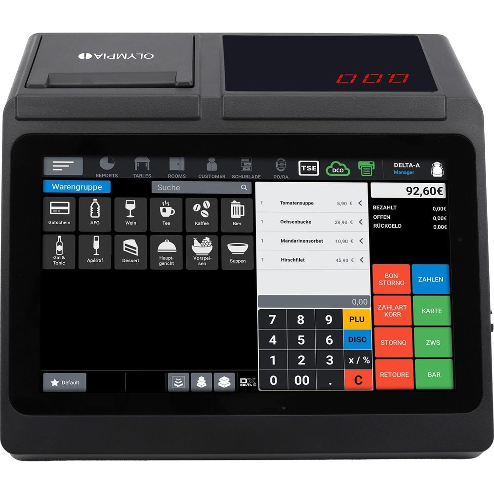 Ein Kassensystem mit Touchscreen zeigt Waren, Preise und eine Tastatur an.