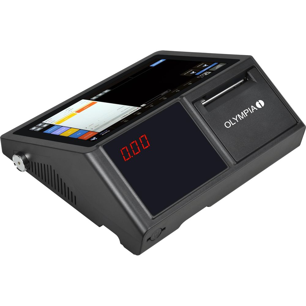 Eine schwarze Digitalwaage mit Touchscreen-Display, bunten Tasten und der roten Zahl 0,00.