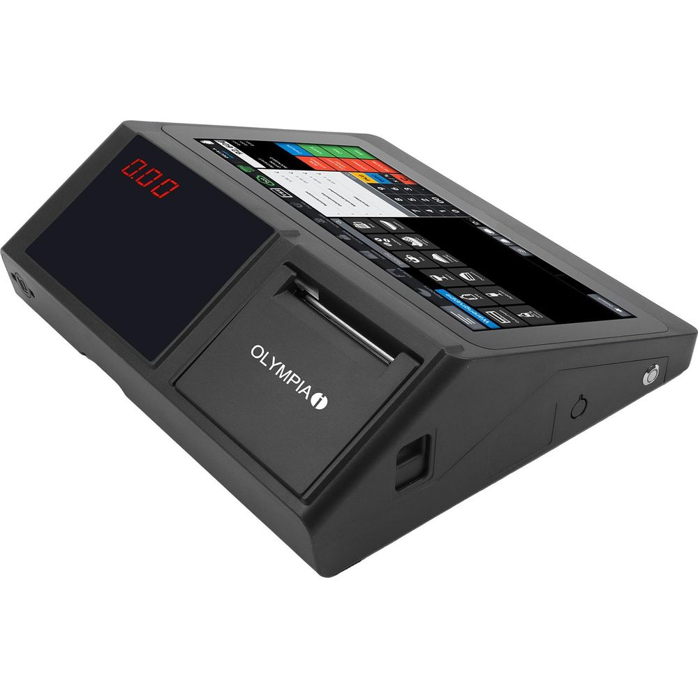 Ein schwarzes Olympia-Kassensystem mit Touchscreen und digitaler Anzeige.
