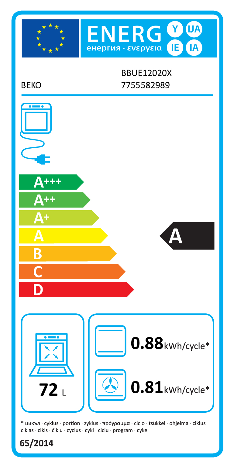 Energieeffizienzlabel für BEKO Waschmaschine, Klasse A, 72L Kapazität.