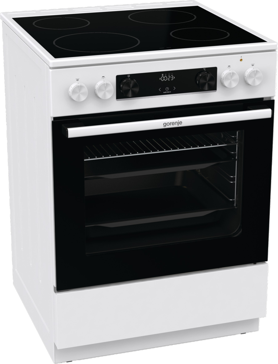 Ein weißer Gorenje-Herd mit schwarzer Glaskeramikkochfeld und Backofentür.