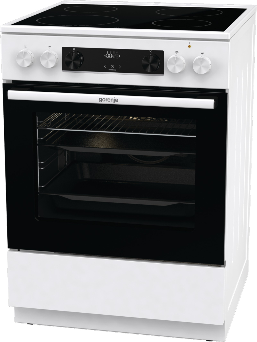 Ein weißer Gorenje-Herd mit schwarzer Glastür und Kochfeld.