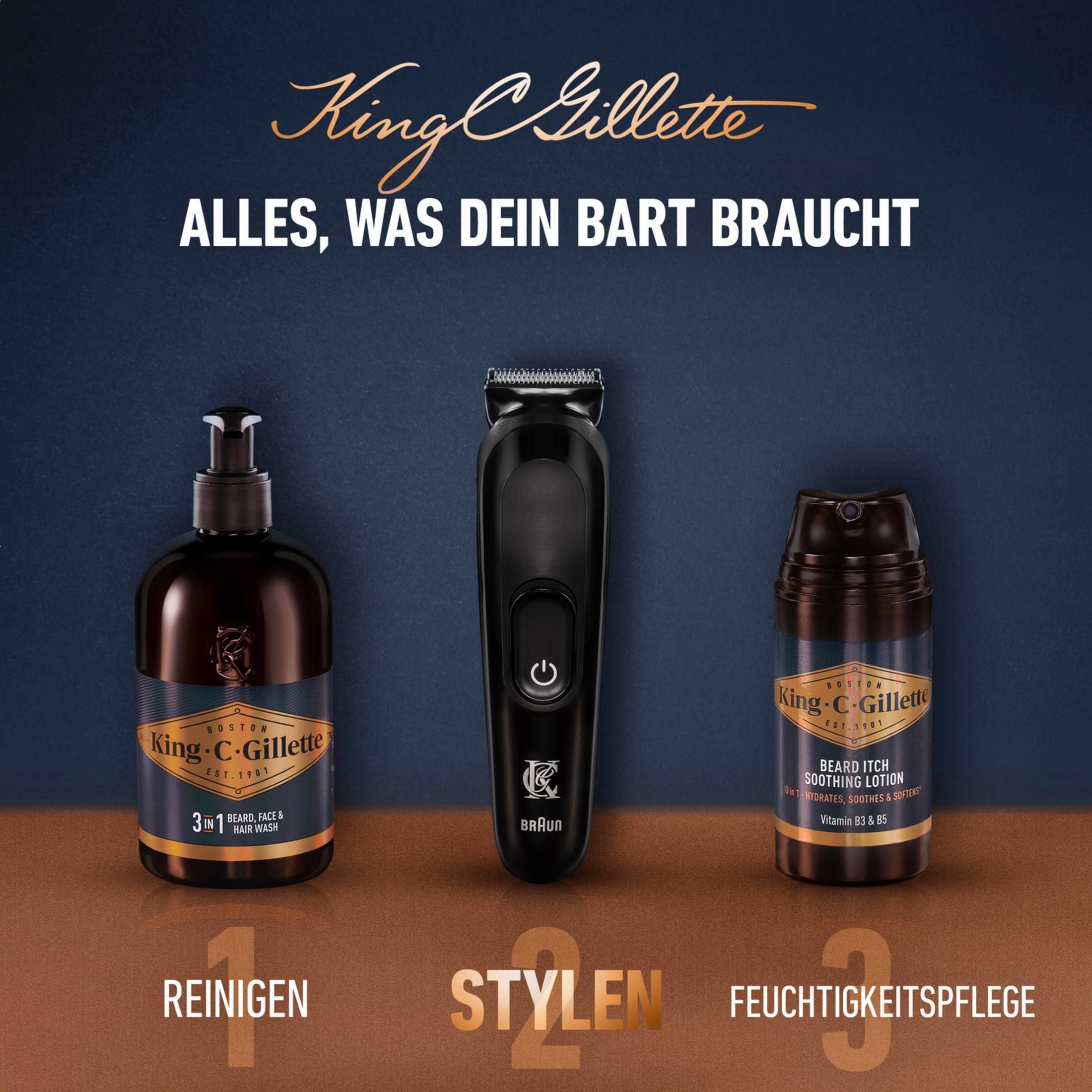 Prodotti per la cura della barba King C. Gillette: Detergere, Acconciare, Idratare.