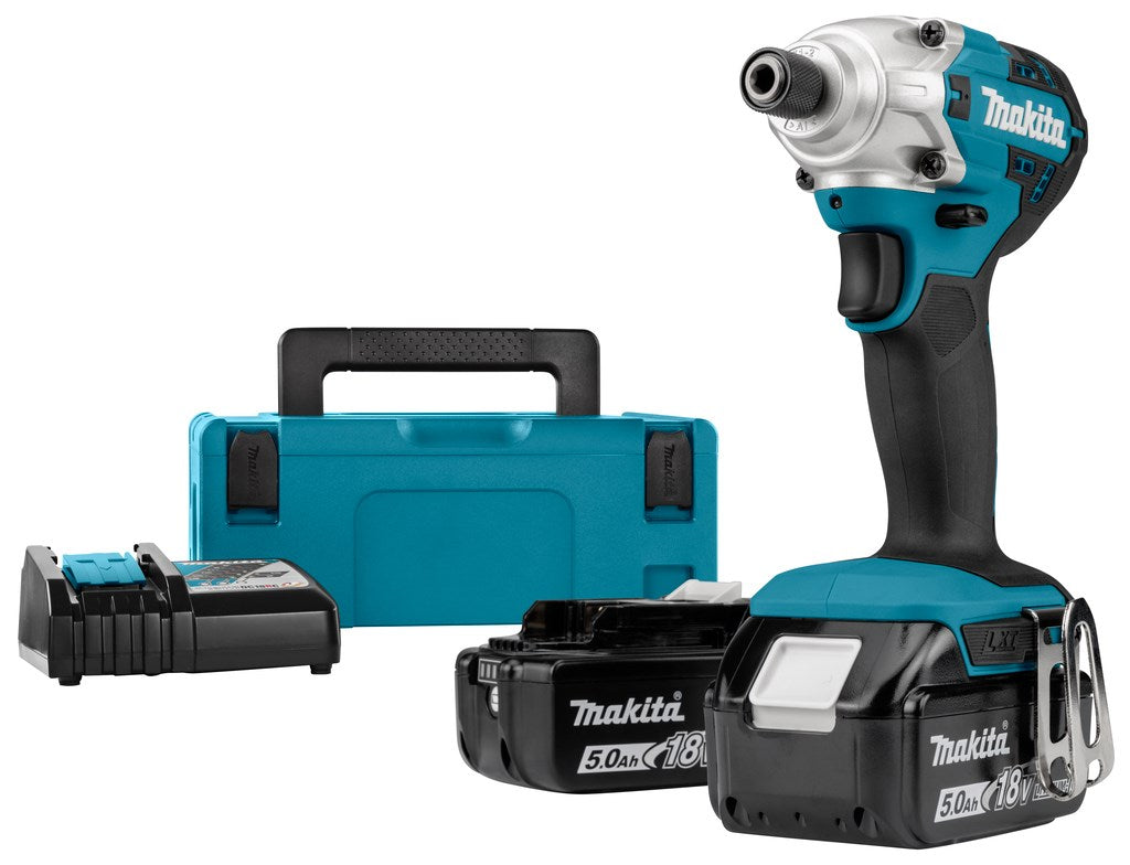 Makita Schlagschrauber mit Akku, Ladegerät und Koffer in Türkis und Schwarz.